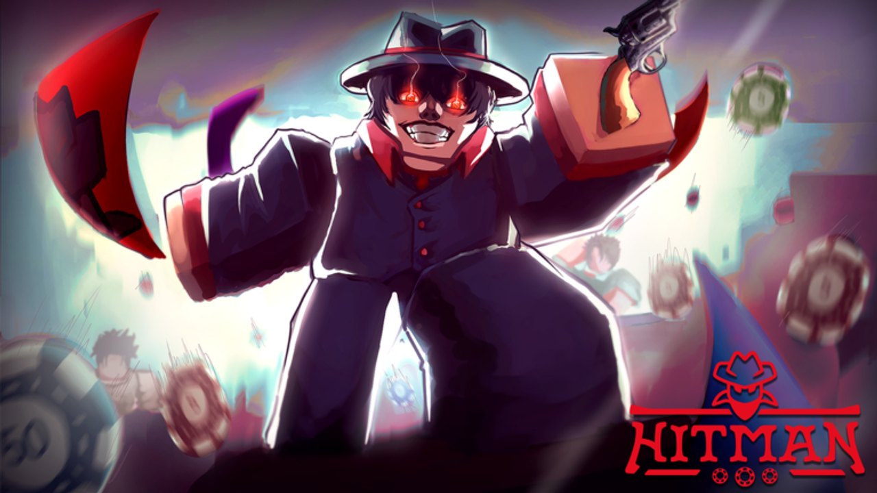 Hitman Card Game character slamming a revolver and cards across the table in a Roblox match